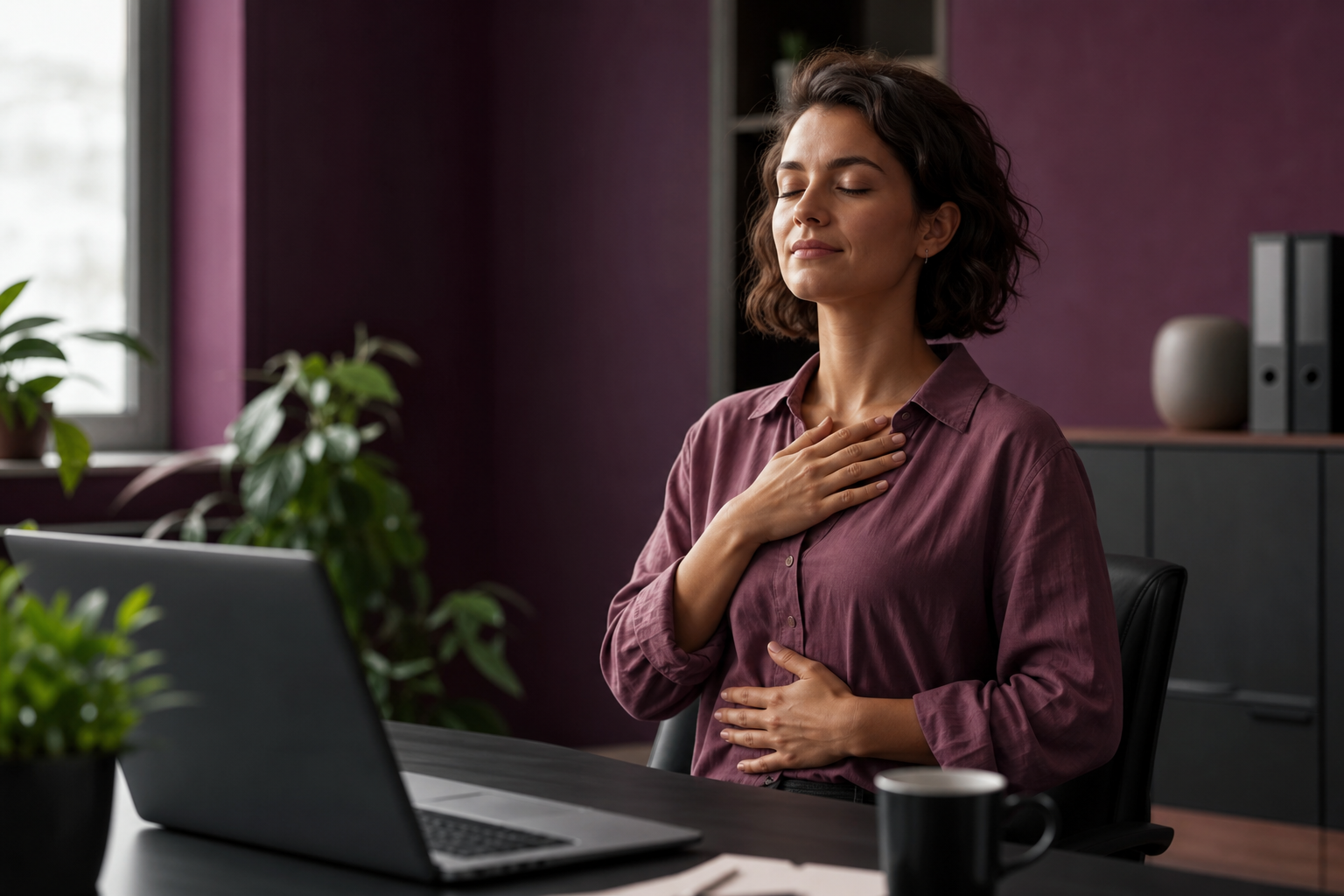 Office worker practicing a calm breathing routine at desk with Purgeaecleanse